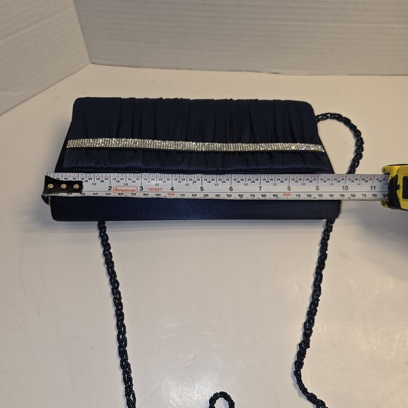 Navy Classic Pleated Satin Evening Bags Rhinestone Clutch Purse Beaded Chain - Picture 4 of 8